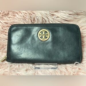Tory Burch Dark Leather Wallet with Gold Emblem